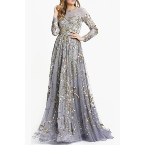 Mac Duggal Dresses & Skirts - Mac Duggal | Sequin Long Sleeve Mesh Gown in Platinum Gold NEW Size 14